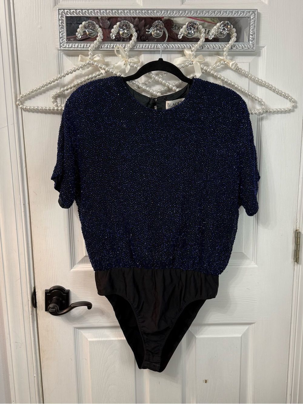 Vintage BlackTie Oleg Cassini Navy Beaded Bodysuit